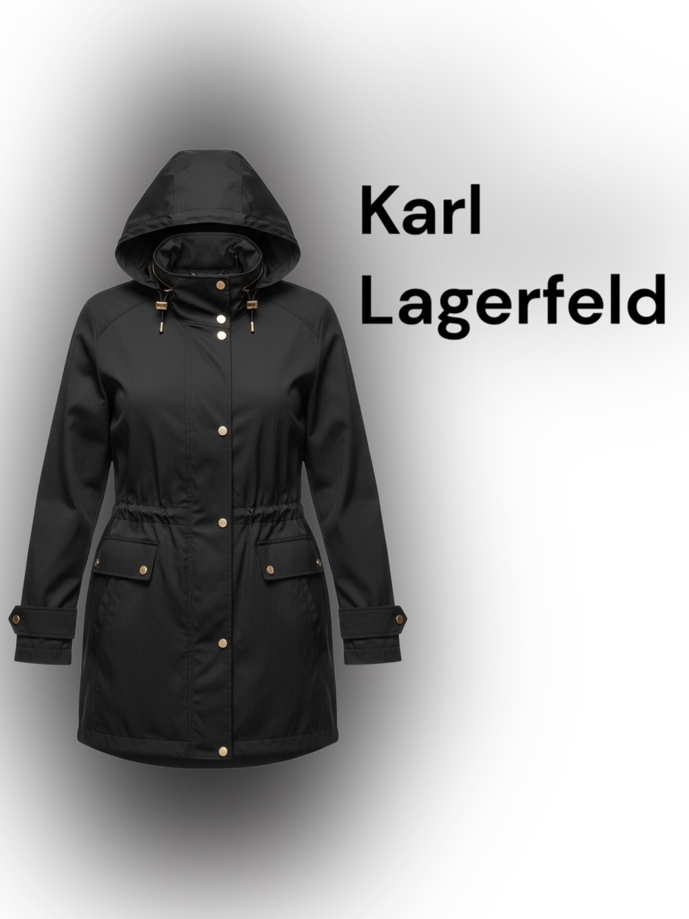 Karl Lagerfeld Black Hooded Cinch-Waist Trench Coat